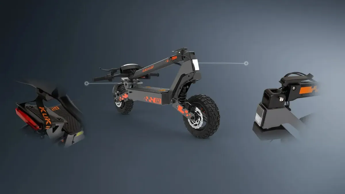 Les trois étapes du pliage de la Kukirin G2, de dépliée à repliée